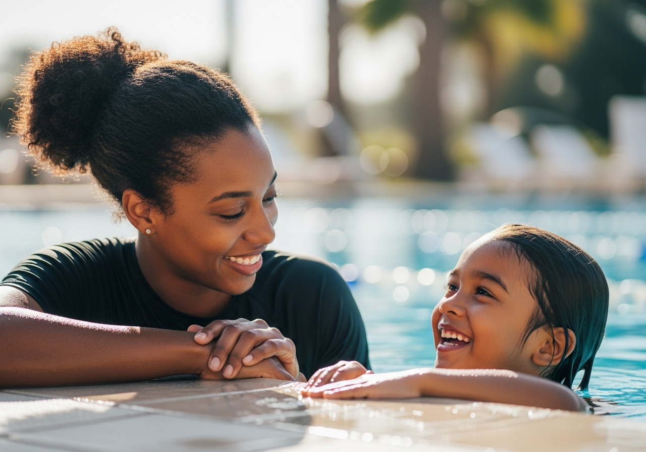 A swim coach encouraging a child at the pool
