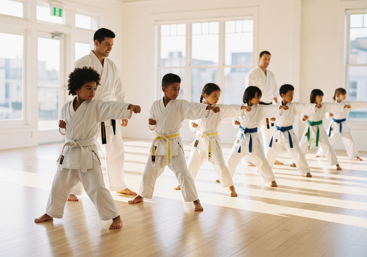 A child practicing in a karate class with an instructor