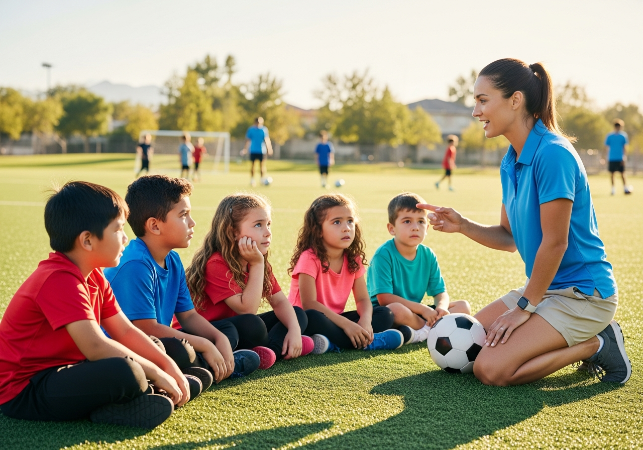 A youth sports coach with children at practice