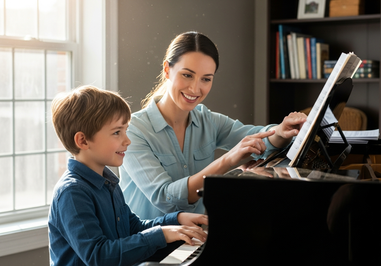 A child at a piano lesson with their teacher