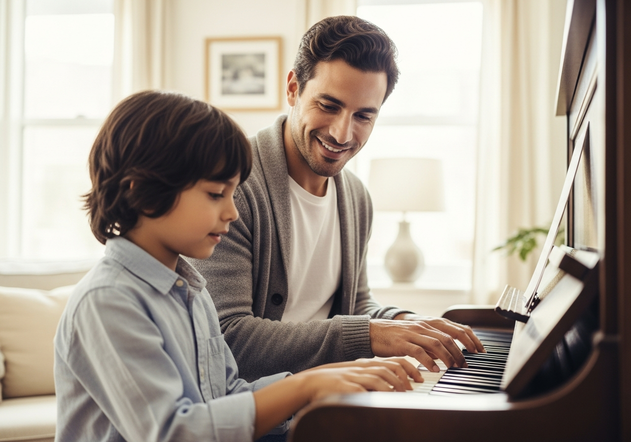 Piano teacher giving a lesson to a child