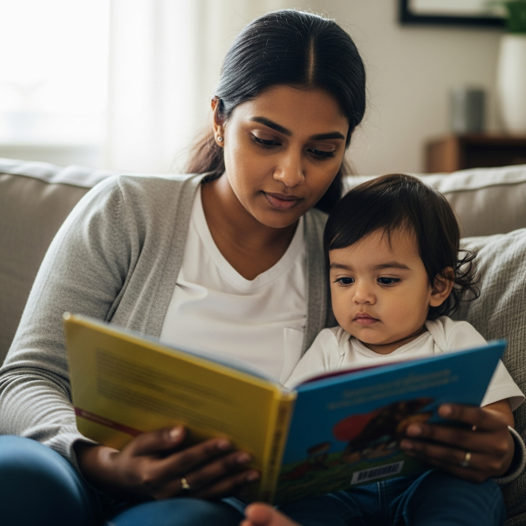 Caregiver reading with a toddler