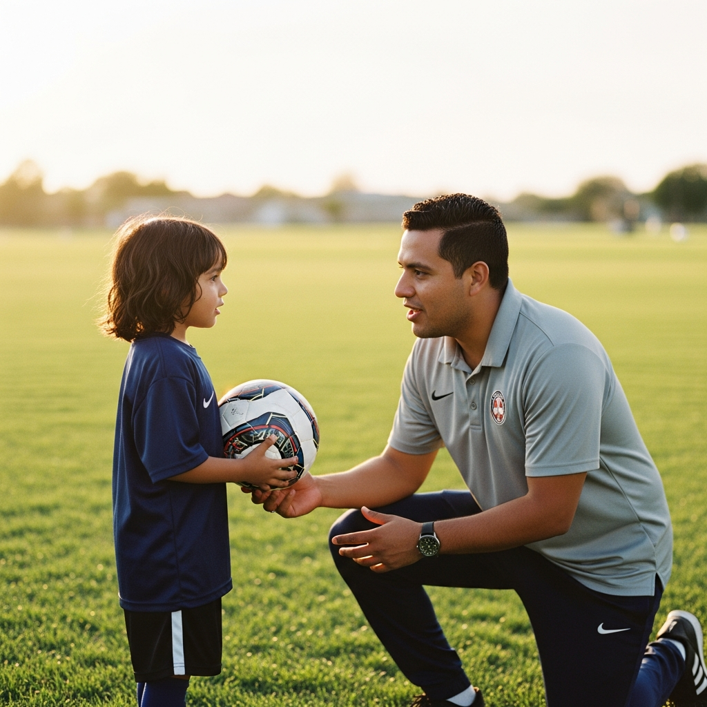 A youth soccer coach with a young player